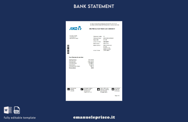 modello di estratto conto bancario con prova di indirizzo Australia ANZ in stile